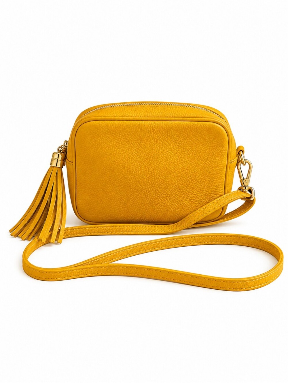 BORSE IN PELLE Italian Leather Canary Yellow Tassel Camera Crossbody Bag